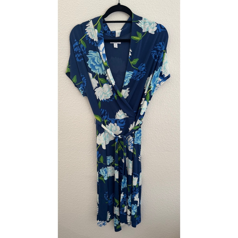 Charter Club Women's 1X Blue Floral Wrap Dress Short Sleeve Belted Midi
